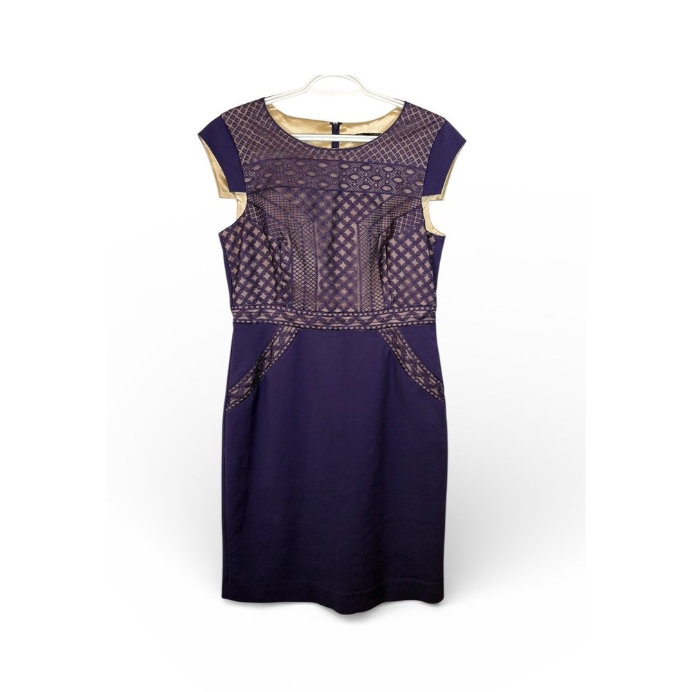 Antonio Melani Purple Sheath Dress Geometric Lace Detail Cap Sleeve Size 8